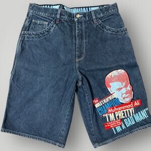 Platinum FUBU Muhammad Ali Denim Shorts Men's W36 Blue Embroidered Vintage Y2K